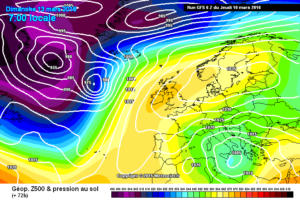 Modello Gfs: circolazione ciclonica sull'Italia centro-meridionale con maltempo diffuso sull'Abruzzo. Neve oltre i 1000m circa.