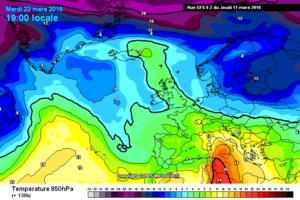 Temperature ad 850 hpa sull'Italia alle ore 19:00 di Martedì 22 Marzo che vede l'Abruzzo sotto una 11°c. Clima mite