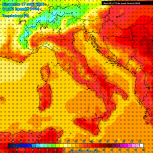 Modello GFS: temperature delle ore 14:00 per Domenica 17 Aprile. In Abruzzo valori che continueranno ad essere elevati per il periodo