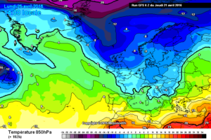 Modello Gfs: si notano per Lunedì mattina le correnti da nord-est, che apporteranno freddo e quindi la neve sui nostri monti