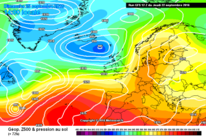 Il modello GFS previsto per Domenica 25 Settembre mostra un campo anticiclonico ben saldo su buona parte dell'Europa, Italia compresa.