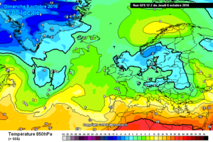 Il modello GFS previsto per Domenica mattina, ci fa notare il clima fresco, ma comunque tutto sommato non male per il periodo in essere sull'Abruzzo.