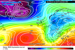 Nella seconda a 132 h si nota la probabile rotazione dei venti da nord-est, che apporteranno clima più freddo, con piogge, vento e nevicate in montagna anche oltre i 1000m