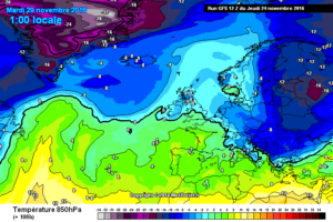 Il modello GFS previsto per le ore 1:00 di Martedì 29 Novembre,mostra il freddo proveniente dai quadranti nord-orientali, con valori ad 850 hpa sui -4°c circa