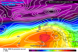 Nella figura, il modello GFS mostra per il giorno di Natale, un rinforzo delle condizioni anticicloniche ed un aumento dei geopotenziali