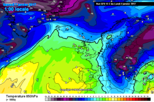 Nel modello GFS si nota per la mattina di Sabato 7 quando saranno ancora in corso delle nevicate dei valori ad 850hpa con punte di -14°c sull'Abruzzo. Farà molto freddo