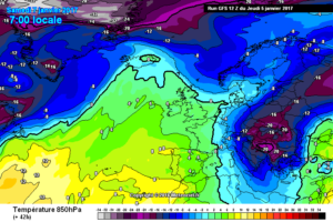 Nel modello in figura, si nota per domani mattina Sabato 7 Gennaio i valori ad 850 hpa. L'Abruzzo sfiorerà i - 15°c quindi all'altitudine di circa 1300 m in libera atmosfera