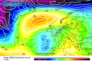 In figura la situazione secondo il modello GFS per la giornata di Domenica 12 Febbraio in cui si nota la falla iberica-marrocchina, e le correnti da scirocco sull'Italia