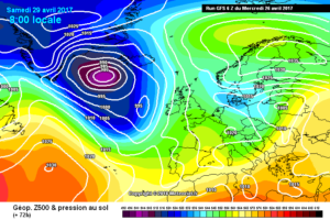 Il modello GFS previsto per Sabato 29 Aprile, mostra una situazione barica non tanto malvagia sulla nostra penisola