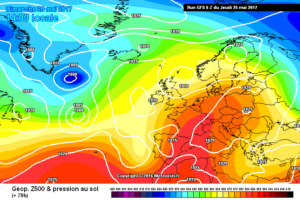 Si nota bene in figura, nel modello GFS, i geopotenziali in aumento nella giornata di Domenica, su buona parte dell'Europa occidentale. Quindi bel tempo con cielo poco nuvoloso e clima estivo sulla nostra regione