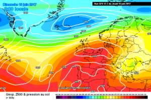 In figura si nota la situazione prevista dal modello Americano GFS per la mattina di Domenica 18, con l'anticiclone sull'Europa centro settentrionale, mentre delle fresche correnti correranno verso la nostra penisola e quindi l'Abruzzo