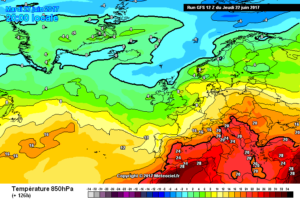 Il modello Americano GFS, vede ad 850 hpa valori di circa 22°c se non leggermente più alte nella giornata di Martedì 27 Giugno. Molto caldo sull'Abruzzo con punte anche sui 40°c nelle aree poste a bassa quota