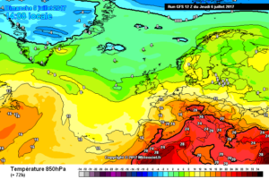 In figura la situazione prevista per la giornata di Domenica 9 Luglio secondo GFS. Come si nota, farà molto caldo sulla nostra regione con picchi di quasi 40°c nelle zone a bassa quota