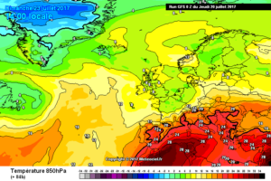 In figura, il modello GFS, mostra la situazione ad 850 hpa sull'Europa occidentale. In Abruzzo, sarà una calda giornata estiva in tutti i sensi.