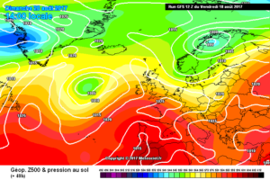 In figura, il modello GFS mostra la situazione a 500hpa per la giornata di Domenica 20 Agosto. Si notano le correnti fresche orientali verso la penisola, la quale apporterà del tempo instabile con dei fenomeni a carattere temporalesco.