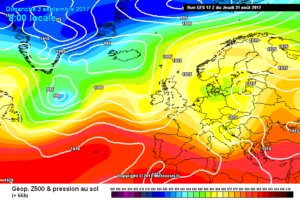 In figura la situazione prevista da GFS per la giornata di Domenica 3 Settembre. Situazione instabile sulla nostra regione con la possibilità di fenomeni sparsi.