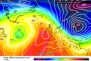 Nella figura si nota, la discesa delle fredde correnti dall'artico, nella giornata di Domenica, ma tutto sommato con il ritorno da sud-ovest sul centro-Italia. Quindi non sarà particolarmente freddo in Abruzzo.