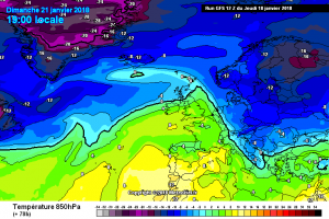 In figura la situazione ad 850 hpa prevista dal modello GFS per le ore 19:00 di Domenica 21. Valori sui - 4 / -5°c, mentre le condizioni meteo saranno tornate abbastanza buone. Gelate nella notte, specie nelle aree interne.