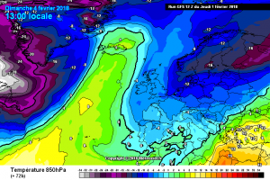 La situazione rappresentata da GFS per la giornata di Domenica 4 Febbraio ad 850 hpa. Campo termico a circa -2°c, quindi giornata un pochino fredda, ma con tempo tutto sommato discreto.