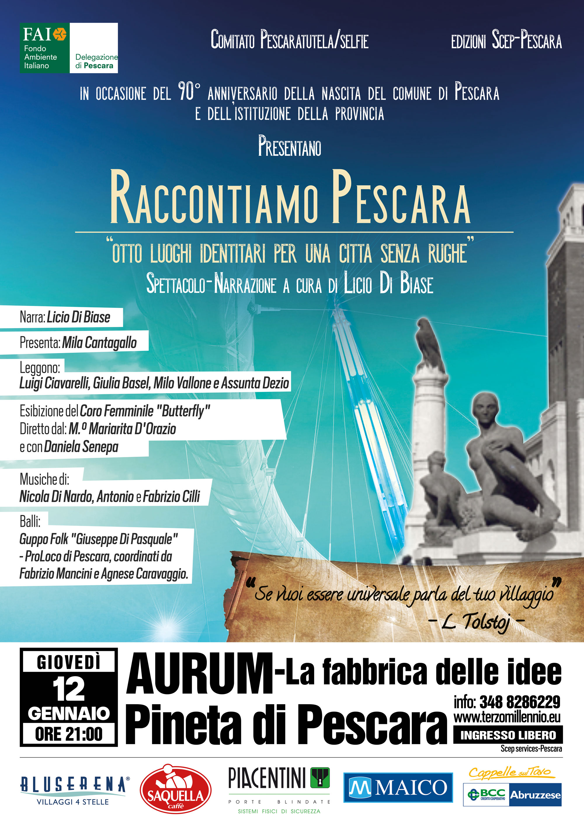 Al 90° Anniversario del comune di Pescara lo spettacolo “Raccontiamo Pescara” di Licio Di Biase