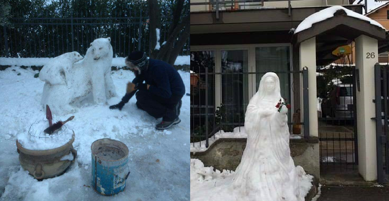 Impazzano sul web le sculture di neve, dalla Madonna che prega a mamma orsa con il cucciolo in spalla