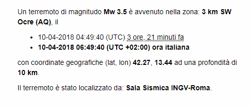 #Terremoto nell’Aquilano: Ingv ricalcola la magnitudo che passa da 3.3 a 3.5