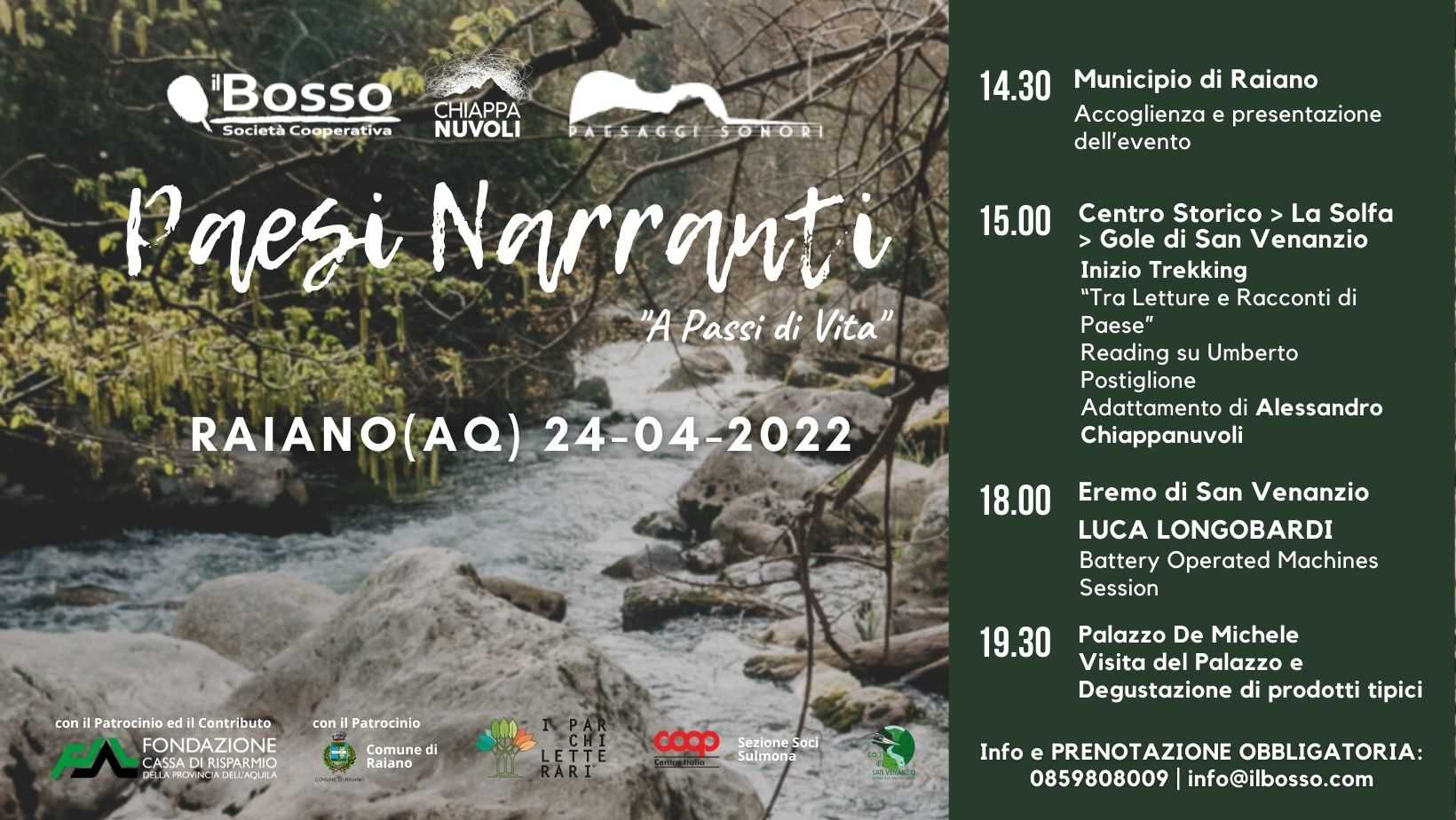 “Paesi Narranti” fa tappa a Raiano, domenica 24 aprile escursioni e degustazioni