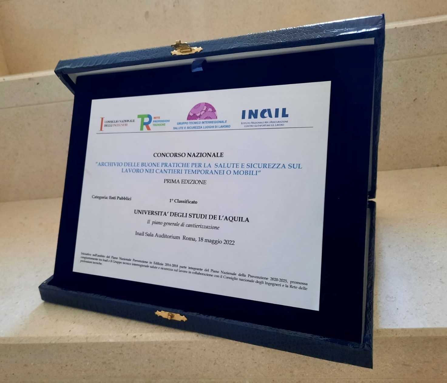 Concorso nazionale Inail su sicurezza cantieri, primo premio all’Università dell’Aquila