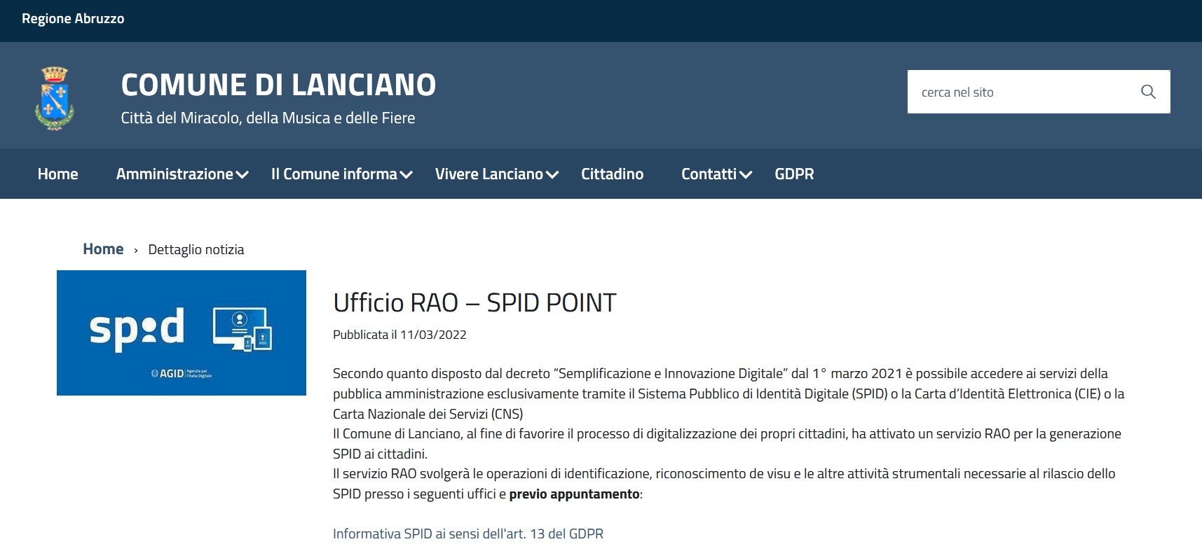 Identità digitale dei cittadini: a Lanciano 442 spid rilasciati finora dal servizio Rao