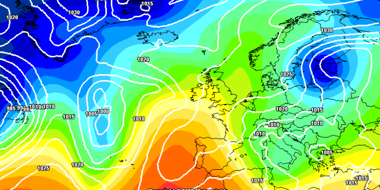 La possibile situazione a 500 hpa prevista da GFS alle ore 13:00 di Domenica 2 Aprile. Venti da nord est con dei rovesci, nevosi in quota e temperature di nuovo in calo