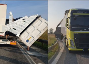Incidente al casello autostradale: telaio di un camion squarciato da lastre di vetro