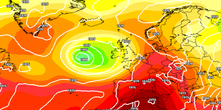 La situazione prevista da GFS per le ore 14:00 di Domenica 9 Luglio. Condizioni di bel tempo sulla nostra regione e temperature in aumento