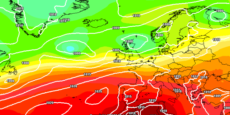 La situazione a 500 hpa secondo il modello americano GFS, prevista per le ore 14:00 di Domenica 30 Luglio. Giornata stabile sulla nostra regione e temperature in aumento (+23°c ad 850 hpa).