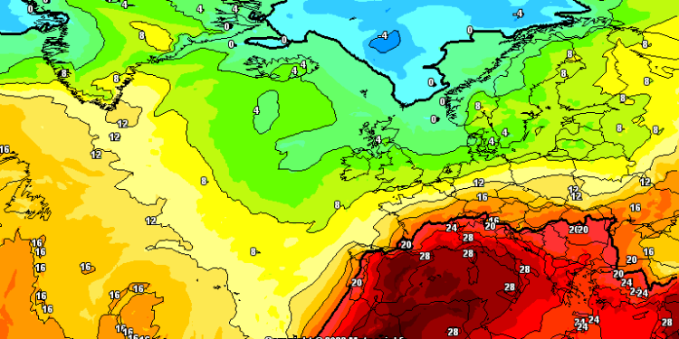 La situazione secondo il modello americano GFS, prevista per Martedì sera alle ore 20:00. Valori ad 850 hpa fino a +28°c. Molto caldo.