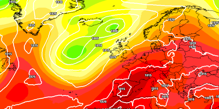 La situazione a 500 hpa prevista da GFS per le ore 14:00 di Domenica 20 Agosto. Tempo che appare bello e soleggiato a parte qualche addensamento sparso nel pomeriggio sui rilievi.