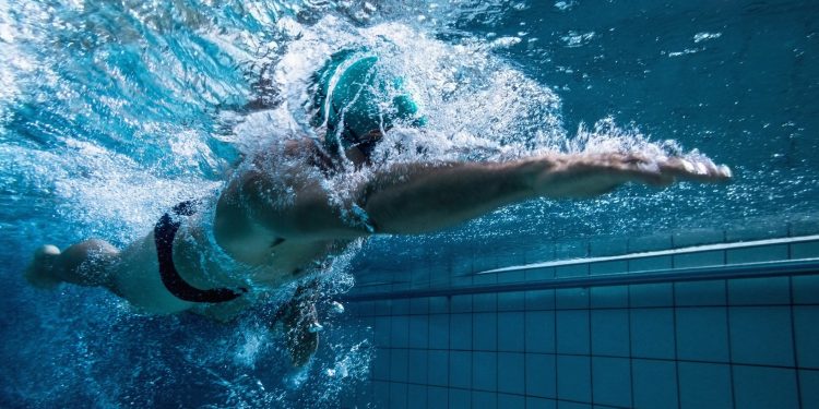 Fit swimmer training by himself in the swimming pool at the leisure centre