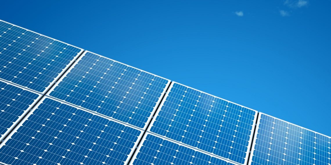 Solar panel isolated on a blue sky. Solar PV modules. Clouds. 3D illustration.