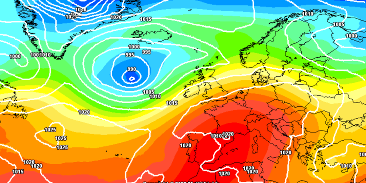 A 500 hpa GFS per le ore 14:00 di Domenica 1 Ottobre, vede geopotenziali in aumento e pertanto tempo bello su tutto l'Abruzzo. Temperature in lieve salita rispetto al giorno precedente.