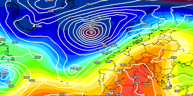 La situazione a 500 hpa secondo GFS per le ore 14:00 di Domenica 7 aprile. Si possono evidenziare i geopotenziali piuttosto elevati su gran parte della penisola e quindi anche in Abruzzo. Bello, soleggiato e molto mite.