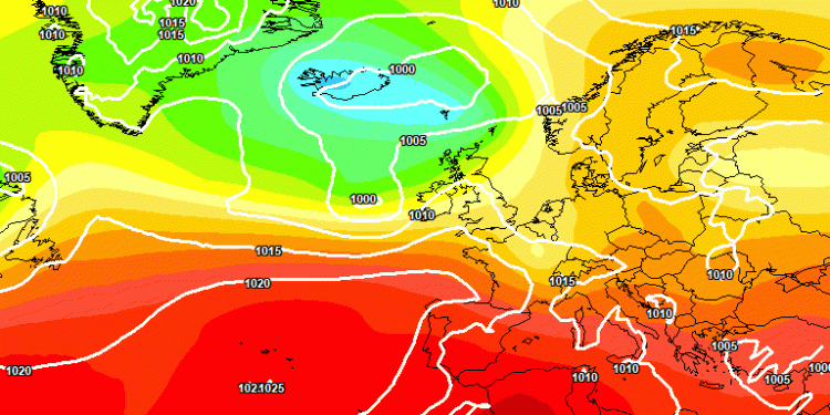 Secondo ECMWF, per Domenica 21, alle ore 14:00, la situazione a 500 hpa potrà essere questa. In Abruzzo cielo poco nuvoloso al mattino, ma rischio di qualche temporale sulle aree centro orientali nel corso del pomeriggio.