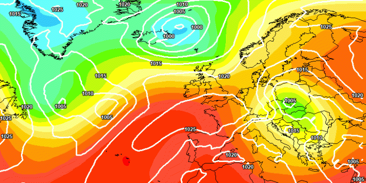 Secondo il modello europeo ECMWF, la situazione attorno alle ore 14:00, a 500 hpa, sarà questa. In Abruzzo, cielo poco nuvoloso con degli addensamenti pomeridiani, mentre le temperature torneranno ad aumentare, specie nei valori massimi