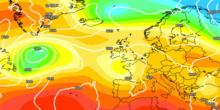 La situazione a 500 hpa secondo il modello europeo ECMWF per le ore 14:00 di Domenica 22 Settembre. In Abruzzo, dopo un avvio buono, saranno possibili dei fenomeni a carattere di rovescio sulle aree interne.