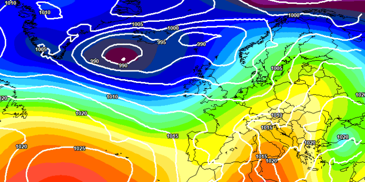 La situazione a 500 hpa prevista dal modello europeo ECMWF per le ore 14:00 di Domenica delle Palme, 13 Aprile. In Abruzzo, il cielo si presenterà tra poco nuvoloso e variabile. Ventilazione in genere sud occidentale e temperature in aumento (+12/+13°c ad 850 hpa)