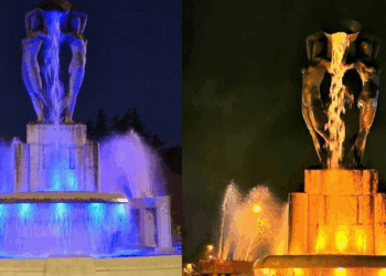 All’Aquila la Fontana Luminosa si colora per le campagne nazionali e internazionali