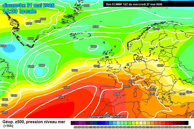 In figura la situazione vista dal modello europeo ECMWF per le ore 14:00 di Domenica 31 Maggio. In Abruzzo poco nuvoloso al mattino, mentre dei possibili temporali potranno trovare spazio nel corso delle ore pomeridiane