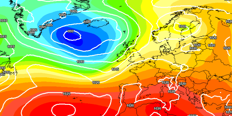 La situazione a 500 hpa vista dal modello europeo ECMWF per le ore 14:00 di Domenica 7 Giugno. Sulla nostra regione, condizioni di cielo poco nuvoloso, salvo qualche addensamento pomeridiano sui rilievi maggiori