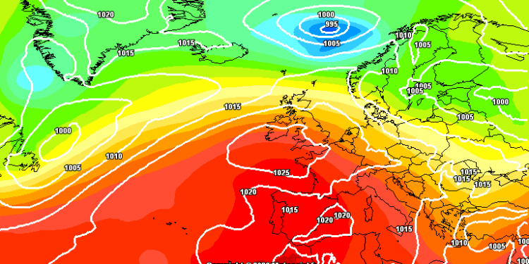 La situazione a 500 hpa prevista dal modello americano GFS. Si nota il campo anticiclonico su tutta la penisola Iberica fin sulle isole britanniche. Anche l'Italia tornerà ad esserne coinvolta, con tuttavia delle correnti da levante