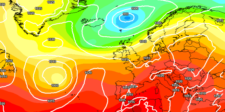 Il modello europeo ECMWF, al momento vede questa situazione a 500 hpa per le ore 14:00 di Domenica 9 Agosto. Sulla nostra regione possibilità di rovesci nel tardo pomeriggio in un contesto caldo (+24/+26°c ad 850 hpa).